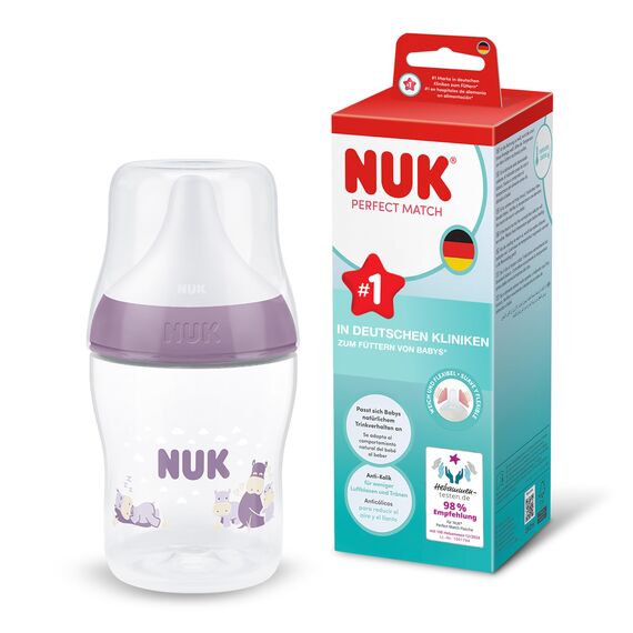 NUK Perfect Match Babyflasche | 0+ Monate | 150 ml | Anti-Kolik-Babyflasche | PP | Temperature Control Anzeige | Nilpferd | 1 Stück