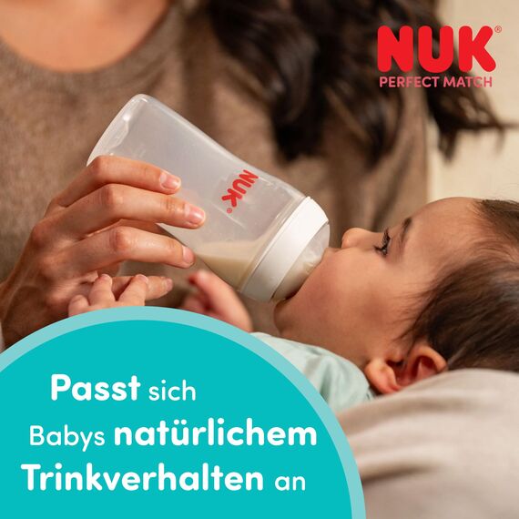 NUK Perfect Match Babyflasche | 3+ Monate | 260 ml | Anti-Kolik-Babyflasche | PP | Temperature Control Anzeige | Nilpferd | 1 Stück