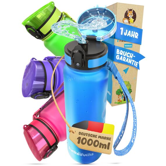 Funkelfuchs® - Trinkflasche für Kinder – 1000ml, Blau – Kohlensäure geeignet - 100% auslaufsicher - Wasserflasche spülmaschinenfest - für Kindergarten, Einschulung, Schule, Sport