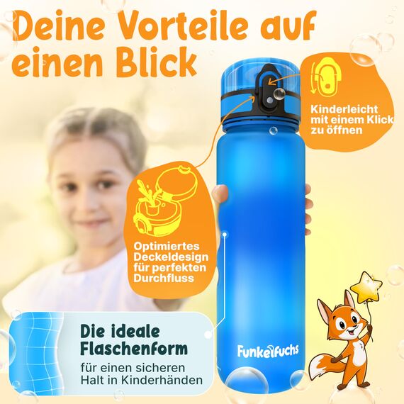 Funkelfuchs® - Trinkflasche für Kinder – 1000ml, Blau – Kohlensäure geeignet - 100% auslaufsicher - Wasserflasche spülmaschinenfest - für Kindergarten, Einschulung, Schule, Sport