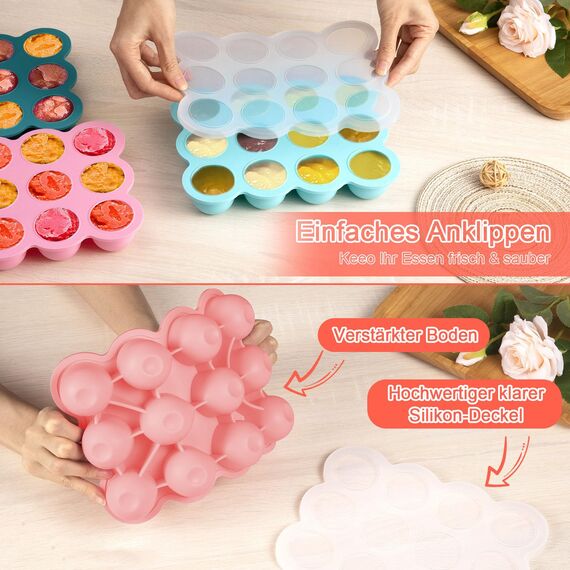 Aufbewahrung von Babynahrung aus Silikon, 12 x 45ml Babynahrung Einfrieren Behälte aus mit Silikon Deckel,BPA-frei,Perfekt für Hausgemachte Babynahrung, Gemüse, Eiswürfeln,Fruchtpüree und Muttermilch