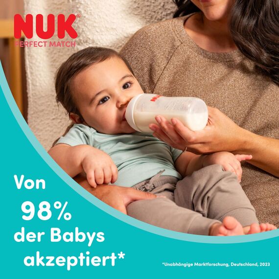 NUK Perfect Match Babyflasche | 3+ Monate | 260 ml | Anti-Kolik-Babyflasche | PP | Temperature Control Anzeige | Nilpferd | 1 Stück