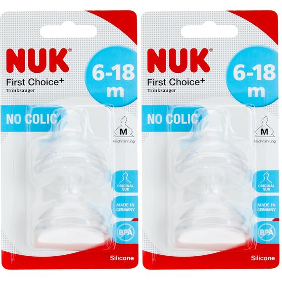 NUK First Choice+ Anti-Colic-Trinksauger Silikon | kiefergerechte NUK Form | Größe 2 (6-18 Monate) M für Milch | 2 Stück (Packung mit 2)