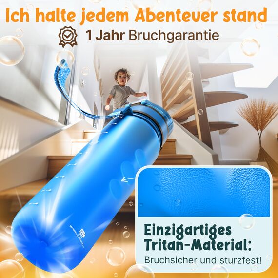 Funkelfuchs® - Trinkflasche für Kinder – 1000ml, Blau – Kohlensäure geeignet - 100% auslaufsicher - Wasserflasche spülmaschinenfest - für Kindergarten, Einschulung, Schule, Sport