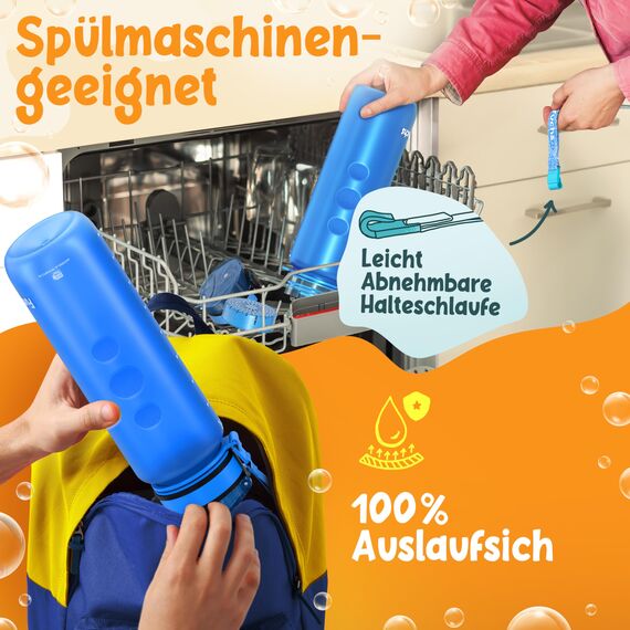 Funkelfuchs® - Trinkflasche für Kinder – 1000ml, Blau – Kohlensäure geeignet - 100% auslaufsicher - Wasserflasche spülmaschinenfest - für Kindergarten, Einschulung, Schule, Sport