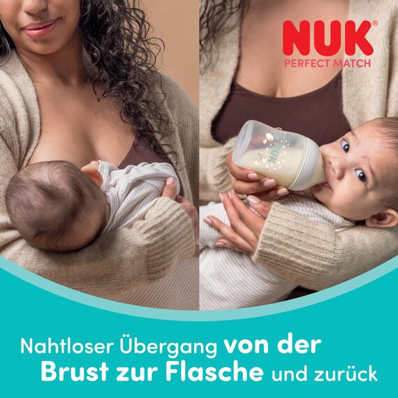 NUK Perfect Match Babyflasche | 0+ Monate | 150 ml | Anti-Kolik-Babyflasche | PP | Temperature Control Anzeige | Affe | 1 Stück