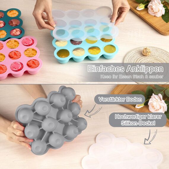 Aufbewahrung von Babynahrung aus Silikon, 12 x 45ml Babynahrung Einfrieren Behälte aus mit Silikon Deckel,BPA-frei,Perfekt für Hausgemachte Babynahrung, Gemüse, Eiswürfeln,Fruchtpüree und Muttermilch
