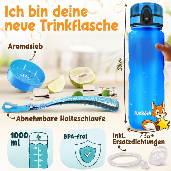Funkelfuchs® - Trinkflasche für Kinder – 1000ml, Blau – Kohlensäure geeignet - 100% auslaufsicher - Wasserflasche spülmaschinenfest - für Kindergarten, Einschulung, Schule, Sport