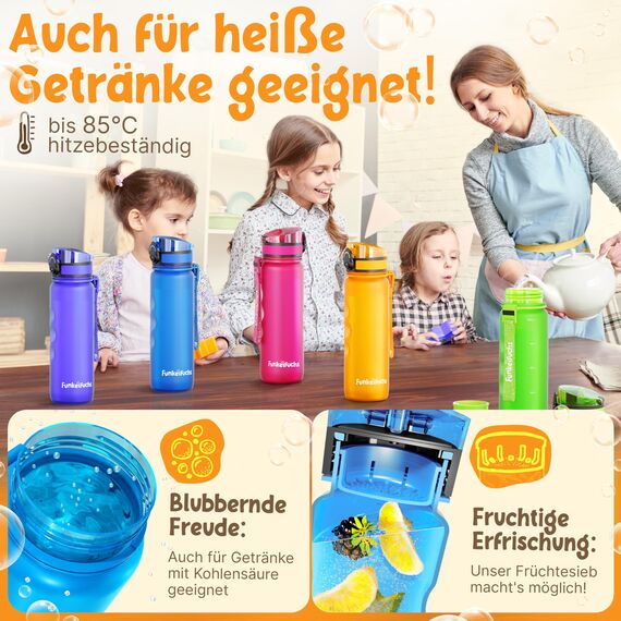 Funkelfuchs® - Trinkflasche für Kinder – 1000ml, Blau – Kohlensäure geeignet - 100% auslaufsicher - Wasserflasche spülmaschinenfest - für Kindergarten, Einschulung, Schule, Sport