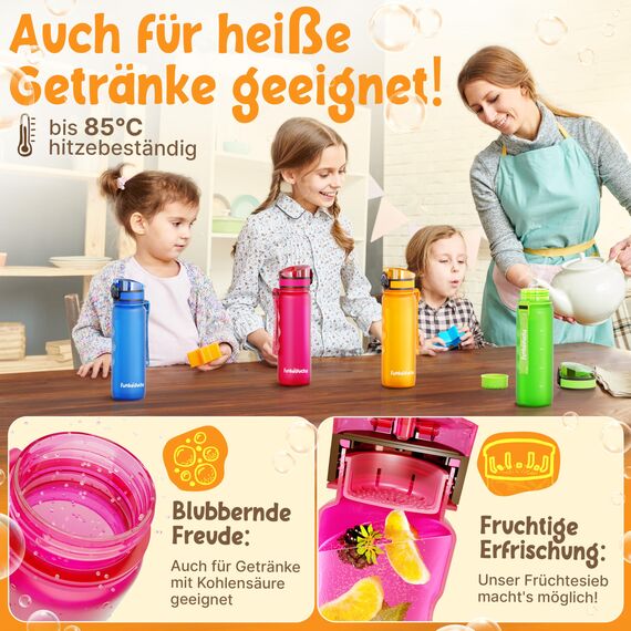 Funkelfuchs Trinkflasche für Kinder – 500ml, Pink – Kohlensäure geeignet - 100% auslaufsicher - Wasserflasche spülmaschinenfest - für Einschulung, Schule, Sport