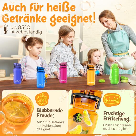 Funkelfuchs® - Trinkflasche für Kinder – 350ml, Orange – Kohlensäure geeignet - 100% auslaufsicher - Wasserflasche spülmaschinenfest - für Kindergarten, Einschulung, Schule, Sport