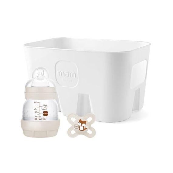 MAM Easy Start Anti-Colic Combi Set XS, Baby First Equipment with Anti-Colic Bottle (130 ml), Includes Size 0 Teat, Start Dummy and Bottle Basket, Baby Gift Set, from Birth, Beige