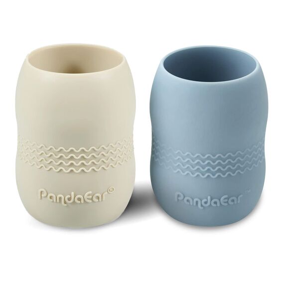 PandaEar 2 Stück Baby Trinkbecher ab 4 6 12 Monate | Silikon Kinderbecher Trinklernbecher Mehrweg Baby Becher | Snack and Drink Cup für Kinder und Kleinkinder, 100% Silikon, Blau/Weiß