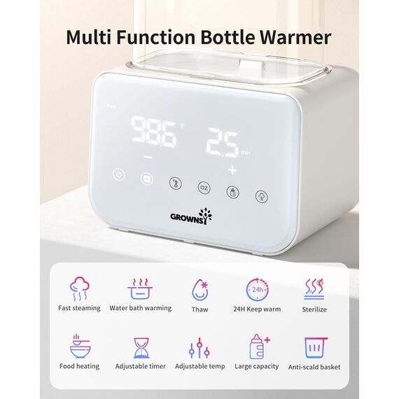 Grownsy Flaschenwärmer baby, Sterilisator für babyflaschen 10-in-1Fast Babynahrungsheizung & Abtauung BPA-freier Fläschchenwärmer,Babykostwärmer mit LCD-Display (WeißWeiß)