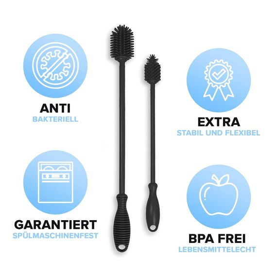 JAWAonline Spülbürsten Set 38cm und 32cm - Flaschenbürste Silikon schonend und kratzfrei - Flexible Flaschenreiniger Bürste - Premium Bottle Brush - Reinigungsbürste für kleine und große Flaschen