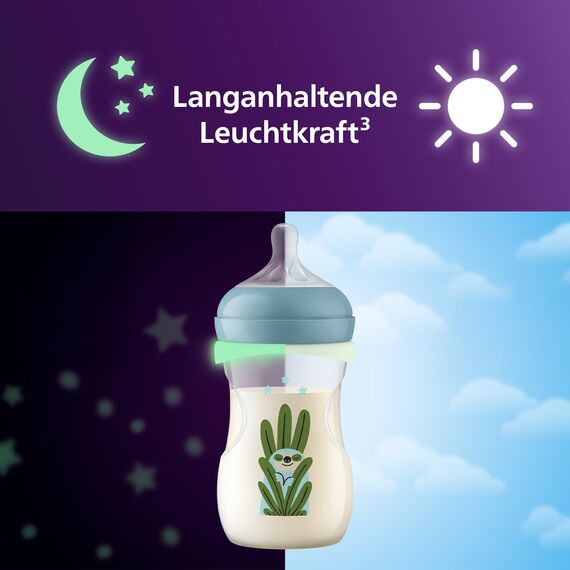 Philips Avent Natural Response Set für die Nacht – 260 ml Babyflasche mit mittlerer Durchflussrate (Mittel 3), im Dunklen leuchtender Ring, ultra soft Schnuller, Motiv müdes Faultier, SCD838/17