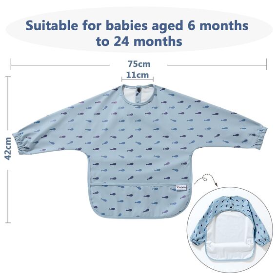 Yiupea Lätzchen mit Ärmeln Baby Mess Proof - Maschine Waschbar & Wasserdicht 6-24 Monate für Baby Led Weaning, Coverall Lätzchen für -Fütterung-Blau