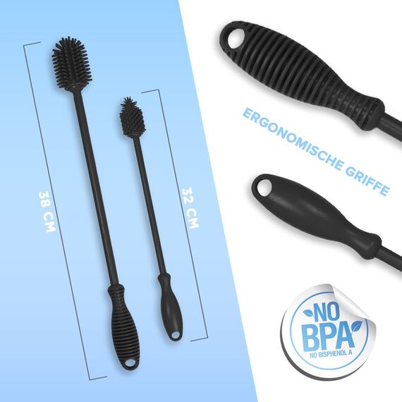 JAWAonline Spülbürsten Set 38cm und 32cm - Flaschenbürste Silikon schonend und kratzfrei - Flexible Flaschenreiniger Bürste - Premium Bottle Brush - Reinigungsbürste für kleine und große Flaschen