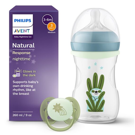 Philips Avent Natural Response Set für die Nacht – 260 ml Babyflasche mit mittlerer Durchflussrate (Mittel 3), im Dunklen leuchtender Ring, ultra soft Schnuller, Motiv müdes Faultier, SCD838/17