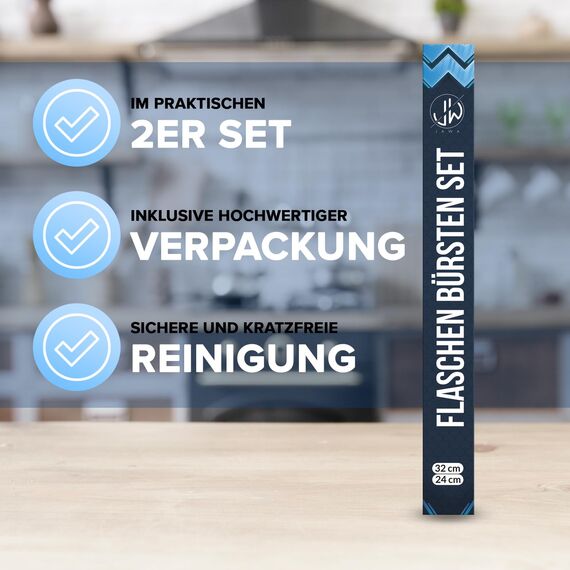 JAWAonline Spülbürsten Set 32cm und 24cm - Flaschenbürste Silikon schonend und kratzfrei - Flexible Flaschenreiniger Bürste - Premium Bottle Brush - Reinigungsbürste für kleine und große Flaschen