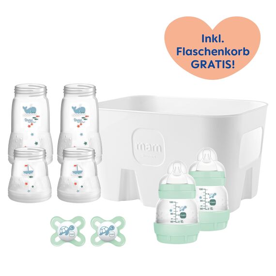 MAM Easy Start Anti-Colic Combi-Set | 0+ Mon | Babyflaschen-Set | 94% Akzeptanz | 96% Hebammen-Empfehlung | 80% weniger Koliken | 6 Trinkflaschen, 2 Original Start Schnuller & 1 Flaschenkorb | mint