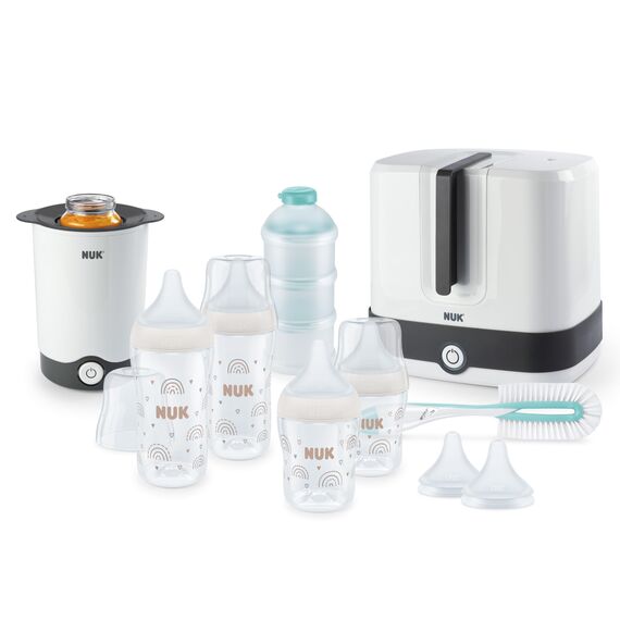 NUK Perfect Match Complete Feeding Set | Ab 0 Monate | Vario Express-Sterilisator, 4 Babyflaschen, Flaschenwärmer, Flaschenbürste und mehr | Regenbogen | 8 Stück