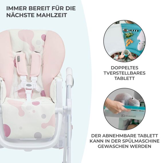 Kinderkraft Hochstuhl YUMMY, Kinderhochstuhl, Babystuhl, Kombihochstuhl, ab den Ersten Lebensmonaten, Fußstütze, Halbliegende Position, Bezug aus PU, Einfach zu Reinigen, Mehrfarben, Rosa