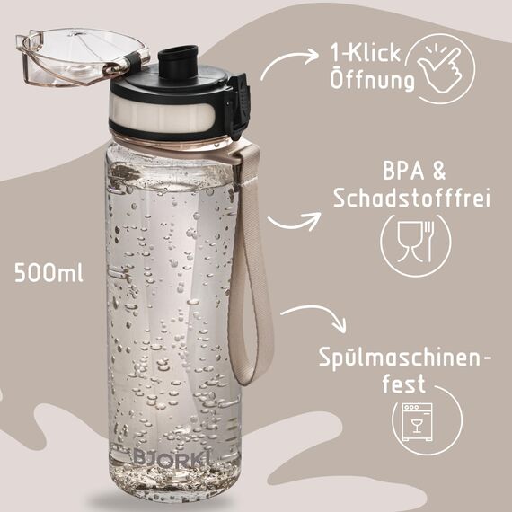 BJORKI® Kinder Trinkflasche auslaufsicher 500ml inkl. BONUS Namenssticker - Ideal für Schule, Kindergarten & Sport - Kohlensäure geeignet - Robuste Wasserflasche für Kinder (Pastell Beige)