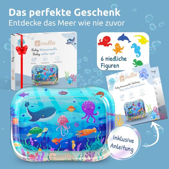 Mallie® Wassermatte Baby 66x50 CM [100% BPA & Schadstoff-Frei] ab 3, 6 und 9 Monate im Ozean Blau Design I Baby Spielzeug, Spielzeug Ab 6 Monate als Wassermatte Baby und Baby Spielzeug 6 Monate