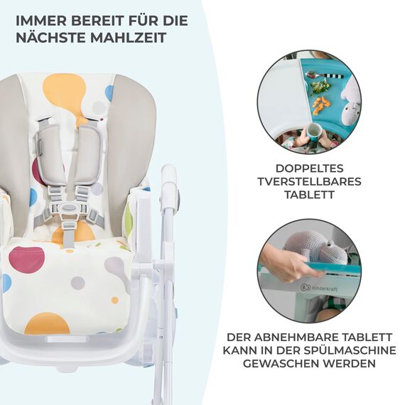 Kinderkraft Hochstuhl YUMMY, Kinderhochstuhl, Babystuhl, Kombihochstuhl, ab den Ersten Lebensmonaten, Fußstütze, Halbliegende Position, Bezug aus PU, Einfach zu Reinigen, Mehrfarben