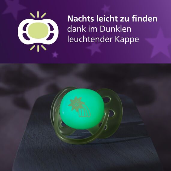 Philips Avent Natural Response Set für die Nacht – 260 ml Babyflasche mit mittlerer Durchflussrate (Mittel 3), im Dunklen leuchtender Ring, ultra soft Schnuller, Motiv müdes Faultier, SCD838/17