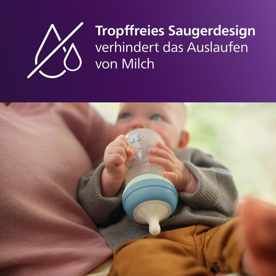 Philips Avent Natural Response Babyflasche für die Nacht – 260 ml, mit mittlerer Durchflussrate (Mittel 3), separater im Dunklen leuchtender Ring, Motiv müdes Faultier, SCY903/81