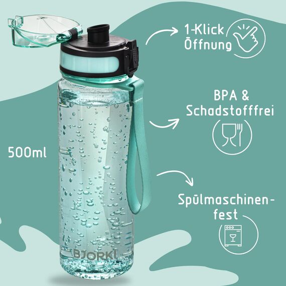 BJORKI® Trinkflasche Kinder auslaufsicher 500ml inkl. BONUS Namenssticker - Ideal für Schule, Kindergarten & Sport - Kohlensäure geeignet - Robuste Wasserflasche für aktive Kids (Pastell Blau)