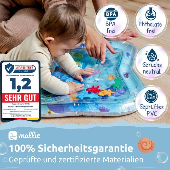 Mallie® Wassermatte Baby 66x50 CM [100% BPA & Schadstoff-Frei] ab 3, 6 und 9 Monate im Ozean Blau Design I Baby Spielzeug, Spielzeug Ab 6 Monate als Wassermatte Baby und Baby Spielzeug 6 Monate