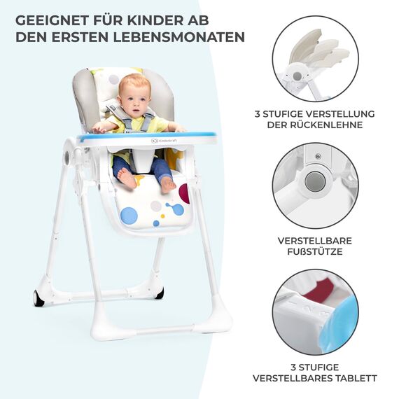 Kinderkraft Hochstuhl YUMMY, Kinderhochstuhl, Babystuhl, Kombihochstuhl, ab den Ersten Lebensmonaten, Fußstütze, Halbliegende Position, Bezug aus PU, Einfach zu Reinigen, Mehrfarben