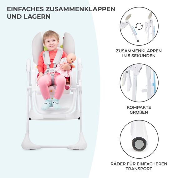 Kinderkraft Hochstuhl YUMMY, Kinderhochstuhl, Babystuhl, Kombihochstuhl, ab den Ersten Lebensmonaten, Fußstütze, Halbliegende Position, Bezug aus PU, Einfach zu Reinigen, Mehrfarben
