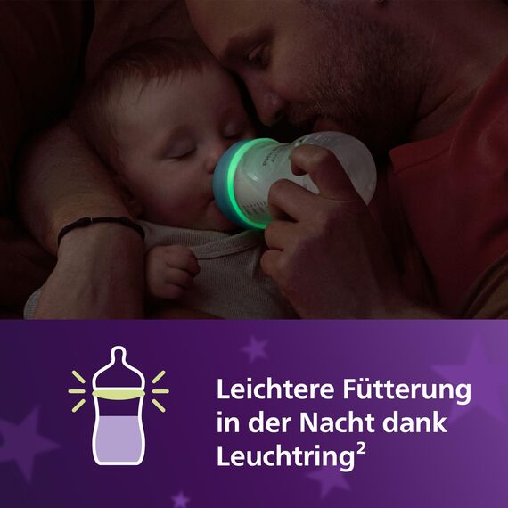 Philips Avent Natural Response Babyflasche für die Nacht – 260 ml, mit mittlerer Durchflussrate (Mittel 3), separater im Dunklen leuchtender Ring, Motiv müdes Faultier, SCY903/81