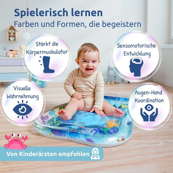 Mallie® Wassermatte Baby 66x50 CM [100% BPA & Schadstoff-Frei] ab 3, 6 und 9 Monate im Ozean Blau Design I Baby Spielzeug, Spielzeug Ab 6 Monate als Wassermatte Baby und Baby Spielzeug 6 Monate