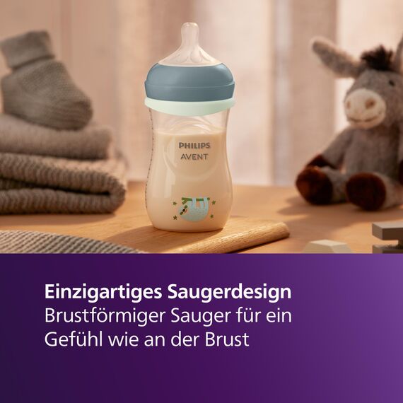 Philips Avent Natural Response Set für die Nacht – 260 ml Babyflasche mit mittlerer Durchflussrate (Mittel 3), im Dunklen leuchtender Ring, ultra soft Schnuller, Motiv müdes Faultier, SCD838/17