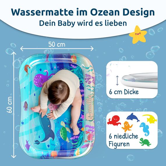 Mallie® Wassermatte Baby 66x50 CM [100% BPA & Schadstoff-Frei] ab 3, 6 und 9 Monate im Ozean Blau Design I Baby Spielzeug, Spielzeug Ab 6 Monate als Wassermatte Baby und Baby Spielzeug 6 Monate
