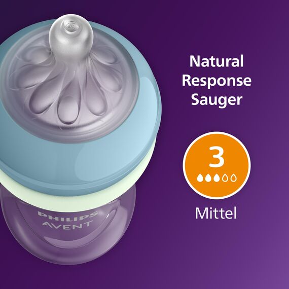 Philips Avent Natural Response Set für die Nacht – 260 ml Babyflasche mit mittlerer Durchflussrate (Mittel 3), im Dunklen leuchtender Ring, ultra soft Schnuller, Motiv müdes Faultier, SCD838/17