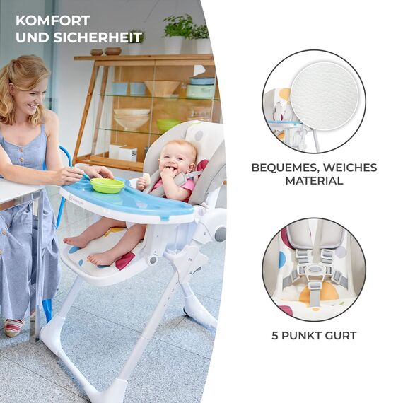 Kinderkraft Hochstuhl YUMMY, Kinderhochstuhl, Babystuhl, Kombihochstuhl, ab den Ersten Lebensmonaten, Fußstütze, Halbliegende Position, Bezug aus PU, Einfach zu Reinigen, Mehrfarben