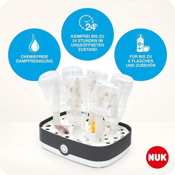 NUK First Choice+ Complete Komplettes Fütterungsset | Vario Express sterilisator, 4x babyflaschen, 1x Babyflaschensauger, flaschenwärmer und mehr | Herz (neutral) | 9 stück