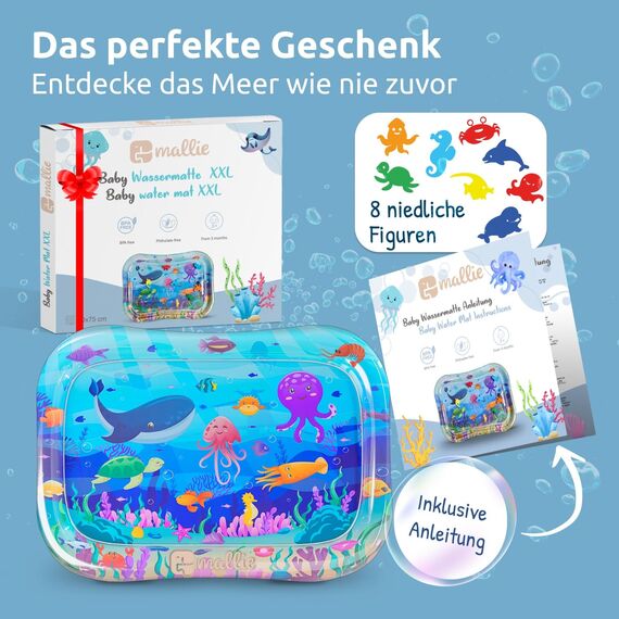 Mallie® Wassermatte Baby XXL 95x75 CM [100% BPA & Schadstoff-Frei] ab 3, 6 und 9 Monate im Ozean Blau Design I Baby Spielzeug, Spielzeug Ab 6 Monate als Wassermatte Baby und Baby Spielzeug 6 Monate
