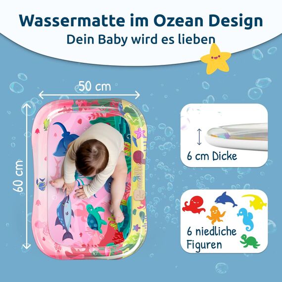Mallie® Wassermatte Baby 66x50 CM Rosa Pink [100% BPA & Schadstoff-Frei] ab 3, 6 und 9 Monate im Ozean Design I Baby Spielzeug, Spielzeug Ab 6 Monate als Wassermatte Baby und Baby Spielzeug 6 Monate