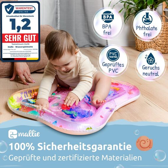 Mallie® Wassermatte Baby 66x50 CM Rosa Pink [100% BPA & Schadstoff-Frei] ab 3, 6 und 9 Monate im Ozean Design I Baby Spielzeug, Spielzeug Ab 6 Monate als Wassermatte Baby und Baby Spielzeug 6 Monate