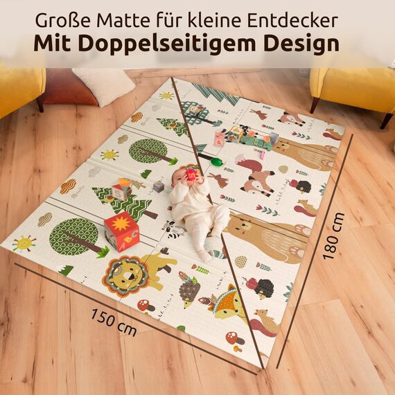 Mallie® Spielmatte Baby Faltbar inkl. Gratis Tragetasche 180x150x1cm [100% BPA- und Schadstoff-Frei] Doppelseitige Krabbelmatte Baby, Krabbeldecke Baby I Baby Play Mat, Spielmatte Baby Faltbar
