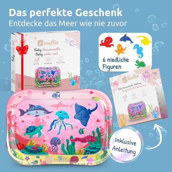 Mallie® Wassermatte Baby 66x50 CM Rosa Pink [100% BPA & Schadstoff-Frei] ab 3, 6 und 9 Monate im Ozean Design I Baby Spielzeug, Spielzeug Ab 6 Monate als Wassermatte Baby und Baby Spielzeug 6 Monate