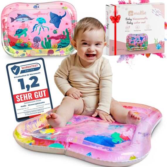 Mallie® Wassermatte Baby 66x50 CM Rosa Pink [100% BPA & Schadstoff-Frei] ab 3, 6 und 9 Monate im Ozean Design I Baby Spielzeug, Spielzeug Ab 6 Monate als Wassermatte Baby und Baby Spielzeug 6 Monate