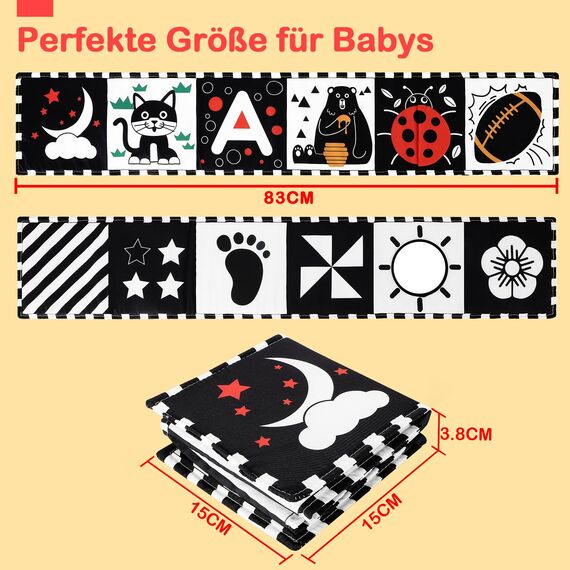 URMYWO Kontrastbuch Baby, Schwarz Weiß Doppelseitig babyStoffbuch, Soft Bilderbuch aus Stoff mit Spiegeln, Kinderwagen Kontrast Spielzeug Baby 0 3 6 Monate Geschenk für Babys